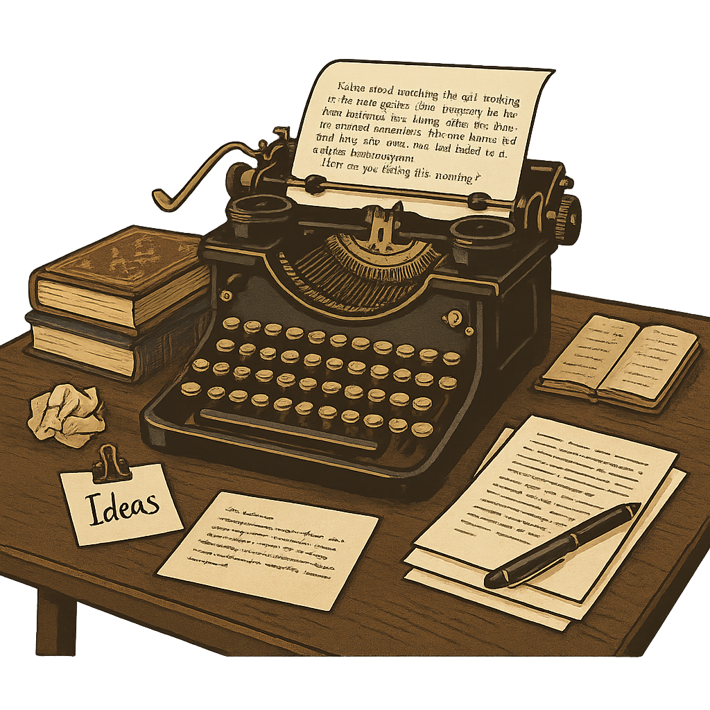 Image of Type Writer, Paper, Pens, Books and Ideas on a table